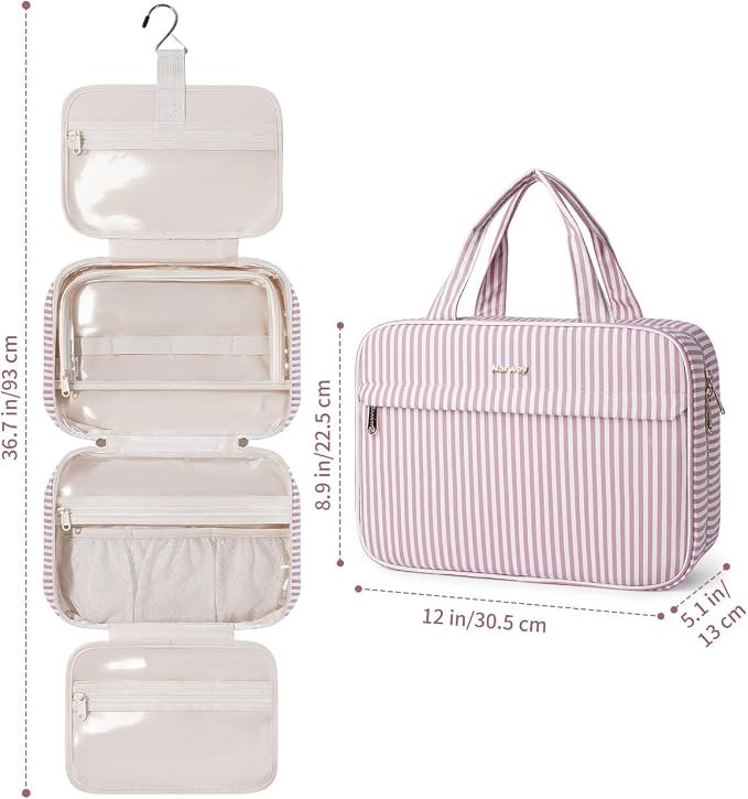 Narwey Striped Hanging Travel Toiletry Bag, Makeup Bag Organizer Make up Toiletries Bags for Full Size Essentials, Accessories, Brushes, Cosmetics (Dusty Pink Stripe, Large) - Image 7