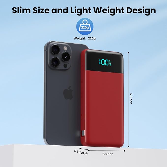 Portable Charger for iPhone,13800mAh Slim Power Bank with Built-in Cables & AC Wall Plug,All in One 4 Outputs USB C Fast Charging Battery Pack Travel Essential for iPhone 17/16/15/14,Android (Red) - Image 4