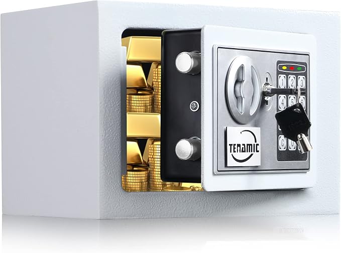 TENAMIC Electronic Digital Security Keypad Lock Box - 0.23 Cubic Feet Mini Safe for Office, Hotel, Home - White by Tenamic