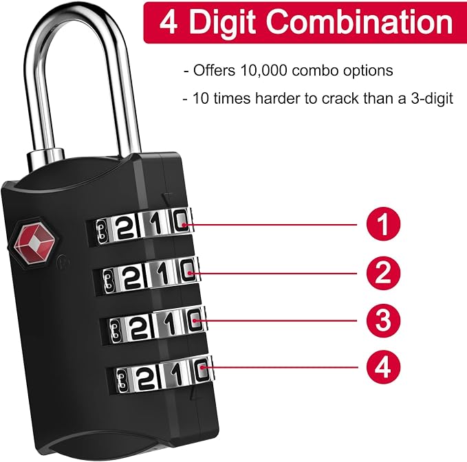 ZHEGE Luggage Lock, TSA Approved Travel Lock, 30In Flexible Cable (Black) | 4 Digit Combination Padlock for Suitcase, Backpack, Cabinet, Drawer - Image 4