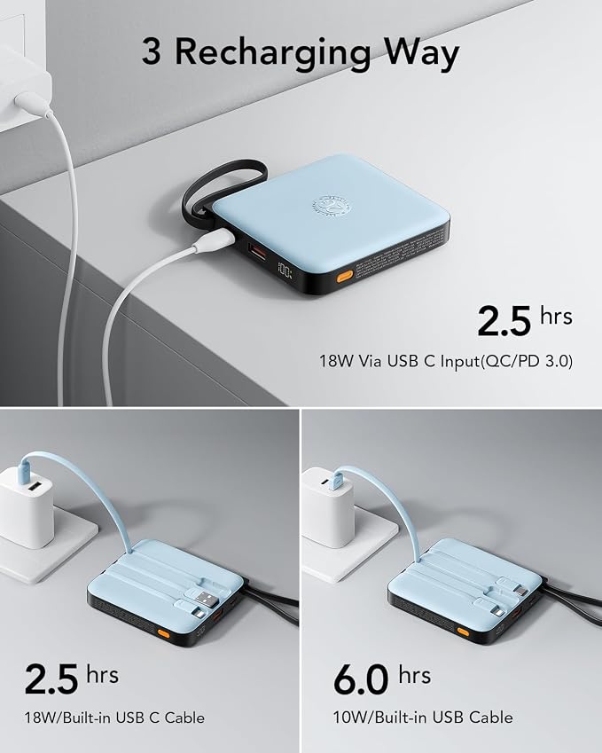 VRURC Portable Charger for iPhone with Built-in Cable, 10000mAh 22.5W Fast Charging USB C Battery Pack, Cell Phone Power Bank for iPhone 17 16 15 & Samsung Galaxy Series (Blue) - Image 5