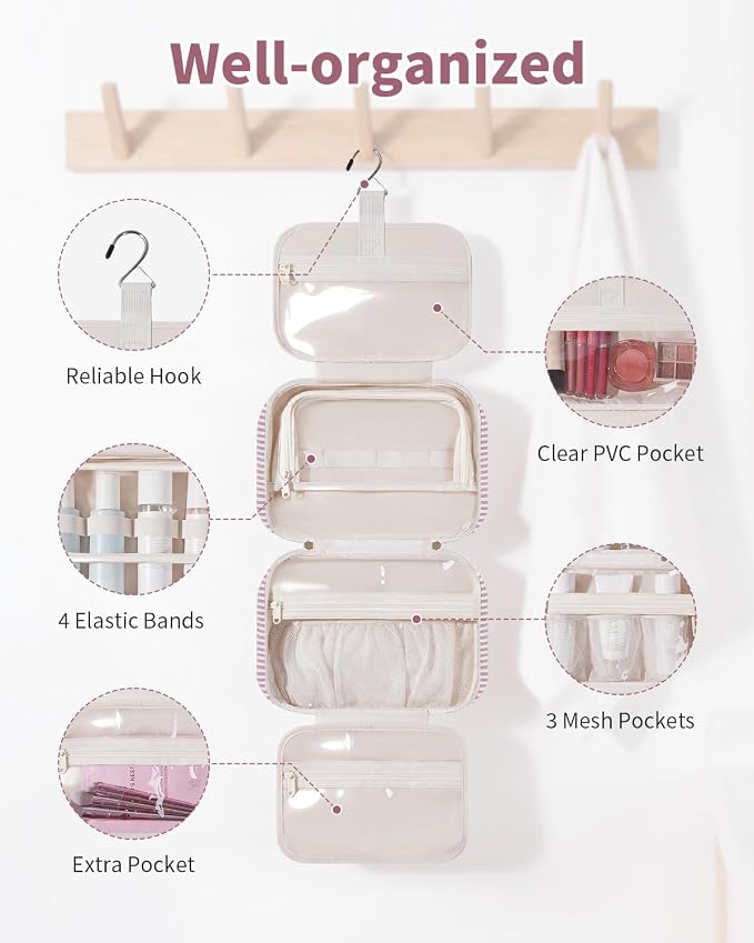 Narwey Striped Hanging Toiletry Bag for Women Travel Makeup Bag Cosmetic Make Up Organizer Toiletries Bag for Travel Essentials Accessories (Dusty Pink Stripe, Medium) - Image 2