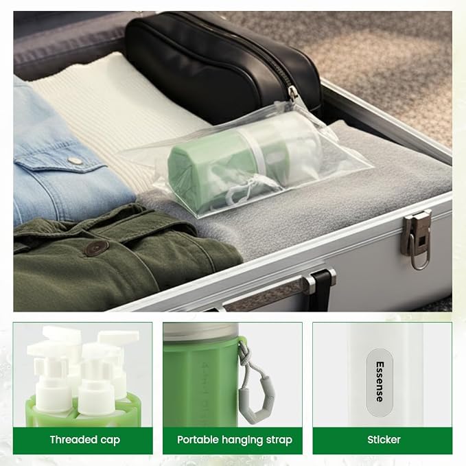 4 in 1 Wall Suction Travel Bottles Set, TSA Approved Leak Proof Travel Size Toiletries Containers with Funnel Labels Bag, Refillable Shampoo Dispenser Kit, (green) - Image 7