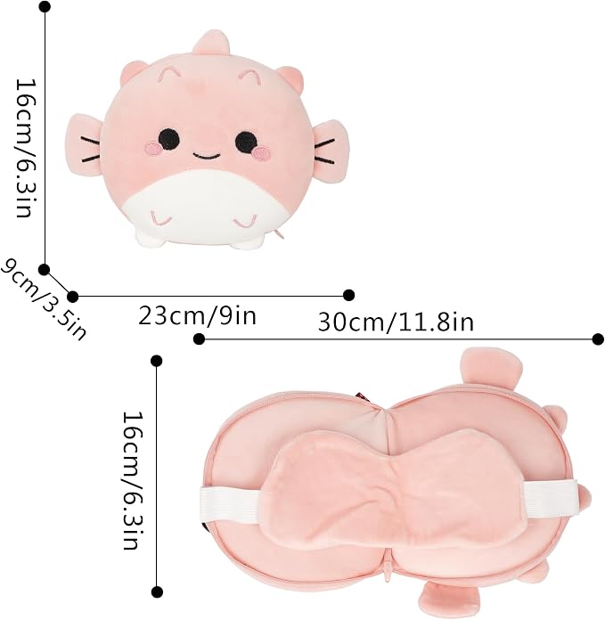 U Scinan Cute Animal 2-in-1 Travel Pillow and Eye Mask – Portable Neck Pillow with Adjustable Strap, Soft Plush Support for Airplane, Car, Train(Pufferfish) - Image 4