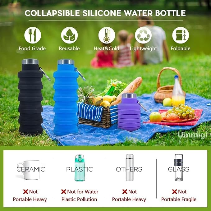 Collapsible Water Bottles 2 pack 17oz (Black+Pink) | BPA Free Travel Silicone Water Bottle with Carabiner Reusable Foldable Portable Sports Bottle for Travel Gym Camping Hiking - Image 5