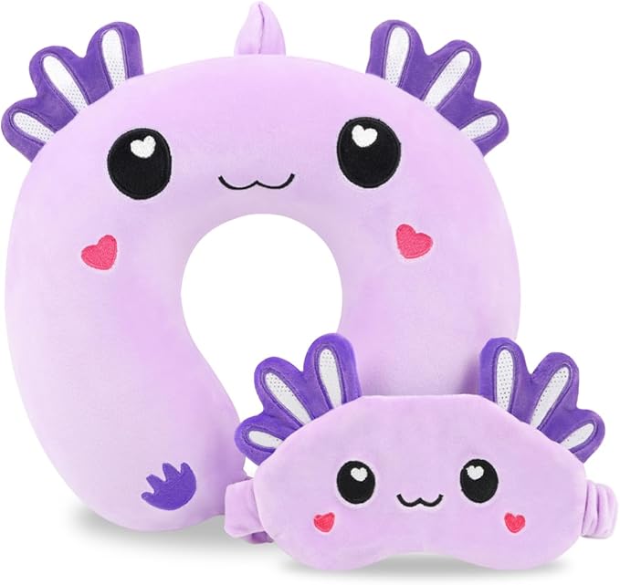 Travel Pillow, Kids Travel Pillow with Sleep Eye Mask Soft Memory Foam Kids Neck Pillow for Boys & Girls, Travel Accessories for Car Airplane Traveling - Purple Axolotl by MissSoul