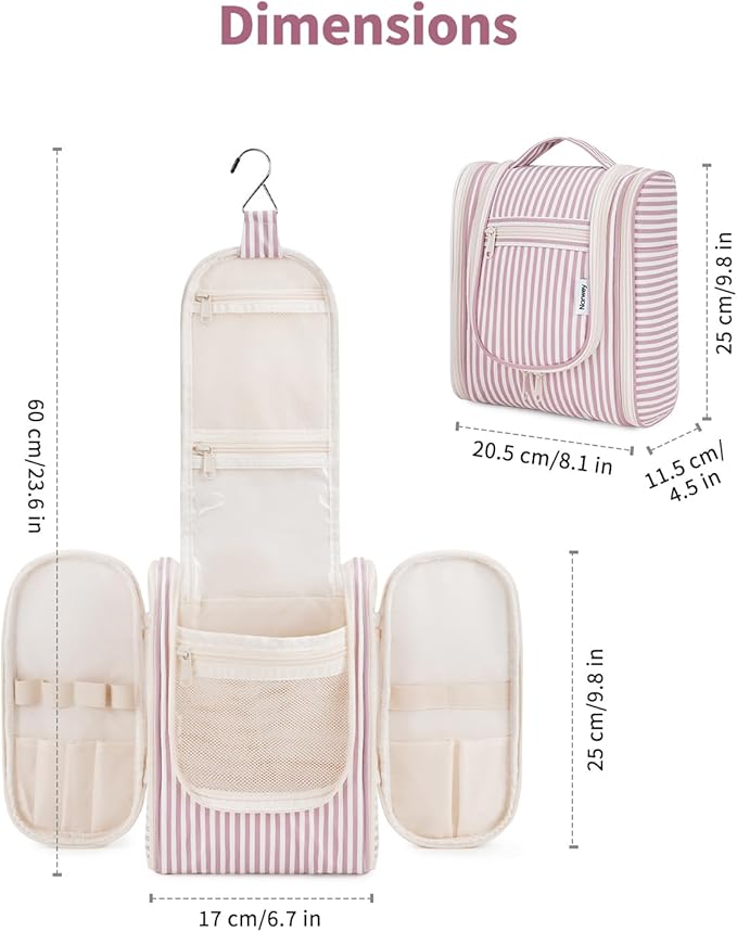 Narwey Small Striped Hanging Travel Toiletry Bag for Women, Travel Bag for Toiletries, Makeup Bag Organizer Cosmetic Bags Make Up Bags for Women (Dusty Rose Stripe) - Image 4