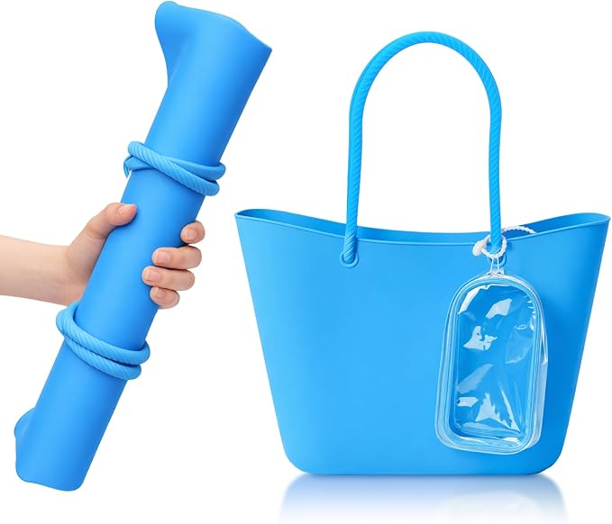 Medium Foldable Beach Tote Bag with Clear Phone Pouch 12.6" x 12"x 4.3" Washable Silicone Beach Bag for Short Trips Cruise Kayaking Picnics Camping Gym Pool Women Gift by Unknown