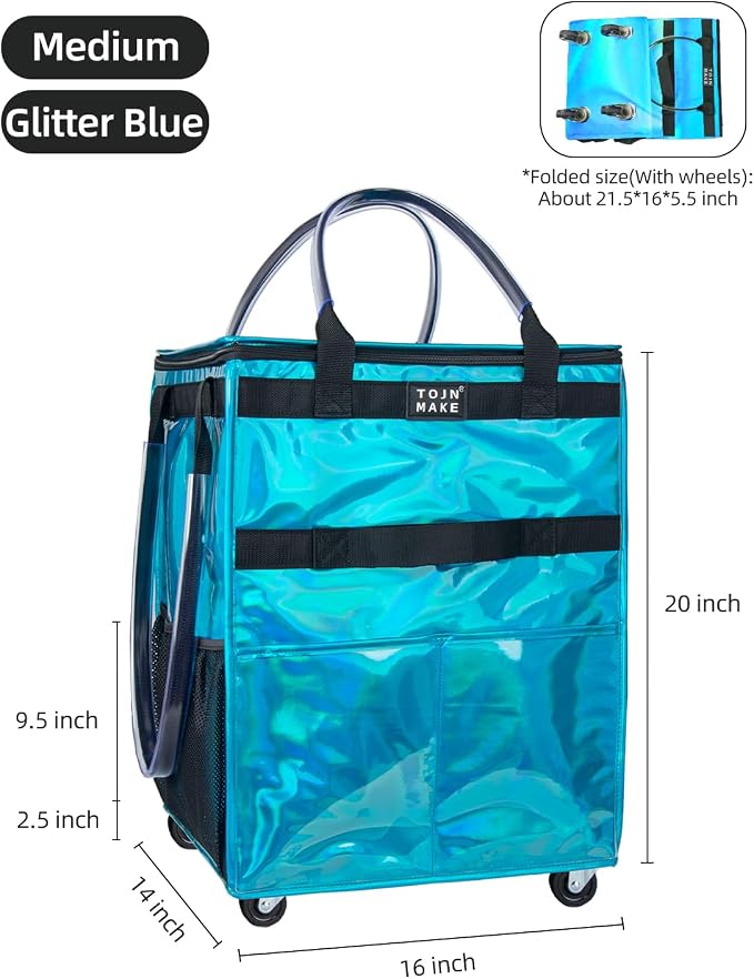 Reusable Grocery Bag with Wheels, Medium Glitter Blue Rolling Tote | 8 Pockets, Zipper Cover, Foldable for Women, Kitchen, Travel, Carries Up to 66LBS - Image 2