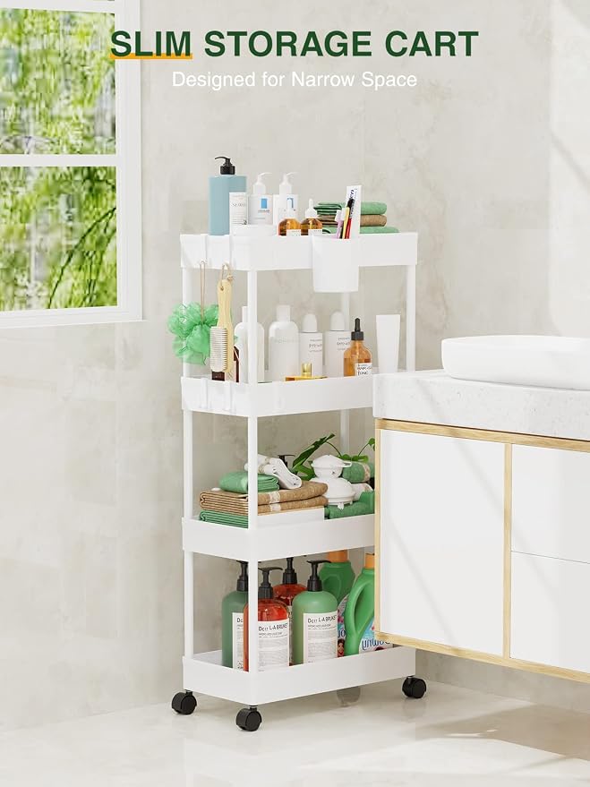 LEHOM Slim Rolling Storage Cart - 4 Tiers Bathroom Organizer Utility Cart | Slide Out Storage Shelves Mobile Shelving Unit for Kitchen, Bedroom, Office, Laundry Room, Small Narrow Spaces (7.1" W+White) - Image 2