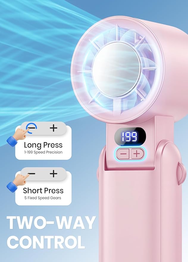 Portable Handheld Turbo Fan, 1-199 Speed Adjustable, Pink | 4 IN 1 Pocket Design with LED Display, High-Power Motor, Rechargeable Battery, Mini Fans for Indoor/Outdoor/Travel/Work - Image 4