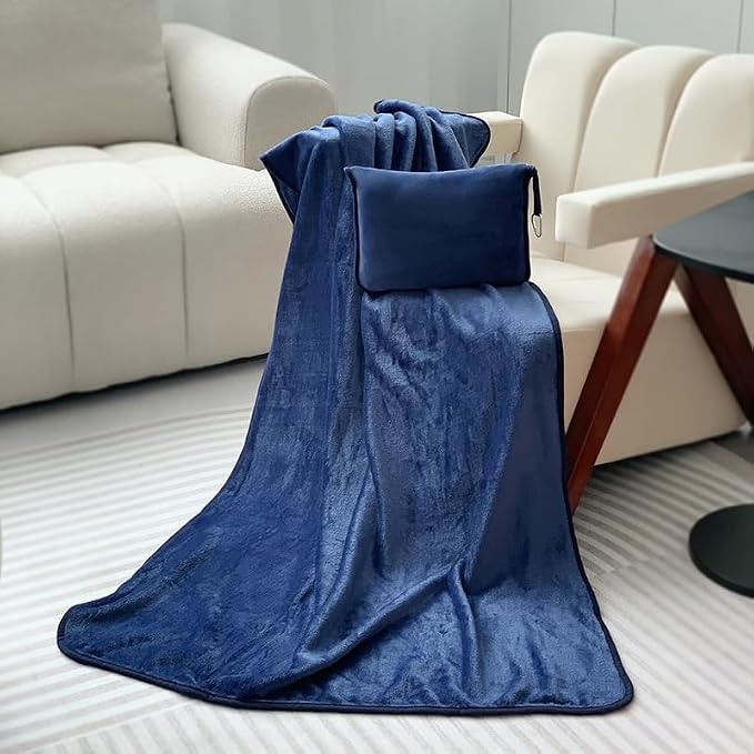 ShezPretty Premium 2in1 Soft Travel Blanket Pillow with Airline Hand Luggage Sleeve and Backpack Clip Airplane (Navy Blue) - Image 2