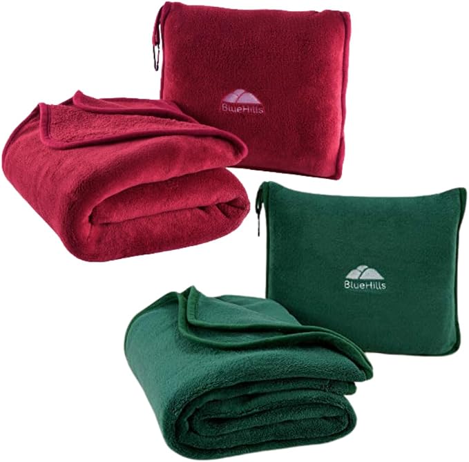 BlueHills Travel Blanket Pillows for Two Airplane Traveling Essentials Flight Throws in Bag case with Backpack Clip Compact Large Plane Accessories – Red and Dark Green by BlueHills