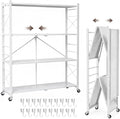 39.4" Wide 4-Tier Foldable Storage Shelves with Wheels & 20 Hooks | Heavy Duty Metal Folding Shelf Unit, No Assembly, Adjustable 3rd Shelf for Kitchen, Garage, Pantry, Bookshelf, White by UEAKPIC