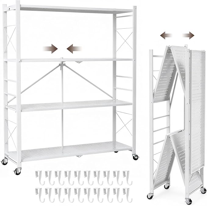 39.4" Wide 4-Tier Foldable Storage Shelves with Wheels & 20 Hooks | Heavy Duty Metal Folding Shelf Unit, No Assembly, Adjustable 3rd Shelf for Kitchen, Garage, Pantry, Bookshelf, White by UEAKPIC