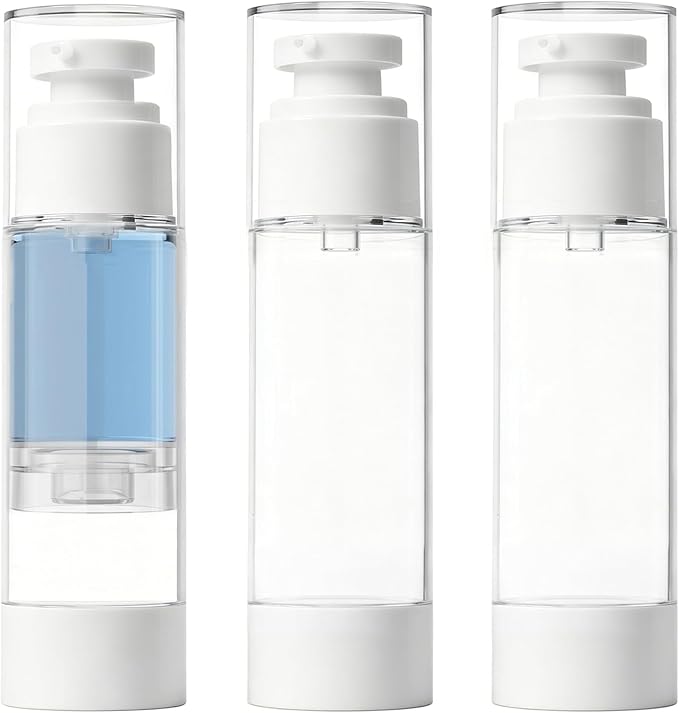 Clear Airless Pump Bottles, Vacuum Travel Cosmetic Containers | 2.7OZ/80ML 3Pack Lotion Dispenser Pump Bottles; For Cream, Foundation & Skincare Cosmetics; With Labels & Wooden Sticks by GIVITASOT