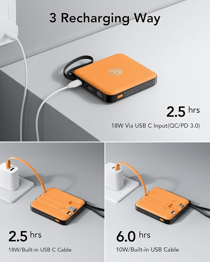 Portable Charger USB C for iPhone, 10000mAh Power Bank with Built-in Cables | 22.5W Fast Charging, LED Display, Slim, for iPhone 17 Pro Max & 16/15 Series (Orange) - Image 6