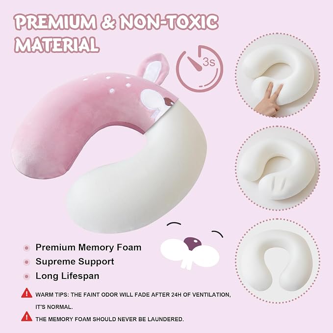 Cirorld Travel Pillow for Kids Adult Cute Neck Pillow for Traveling Memory Foam Airplane Pillow Sleep Mask Animal Flight Pillow Head Rest Neck Support for Cars Long Flights (Rabbit, 9-12 Y/O) - Image 4