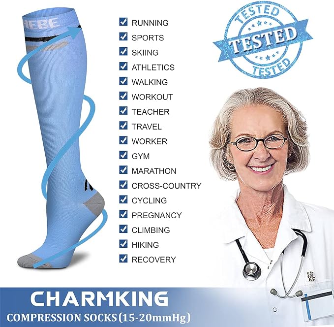 CHARMKING Compression Socks for Women & Men Circulation (8 Pairs) 15-20 mmHg Best Calf Socks Support for Athletic Cycling - Image 6