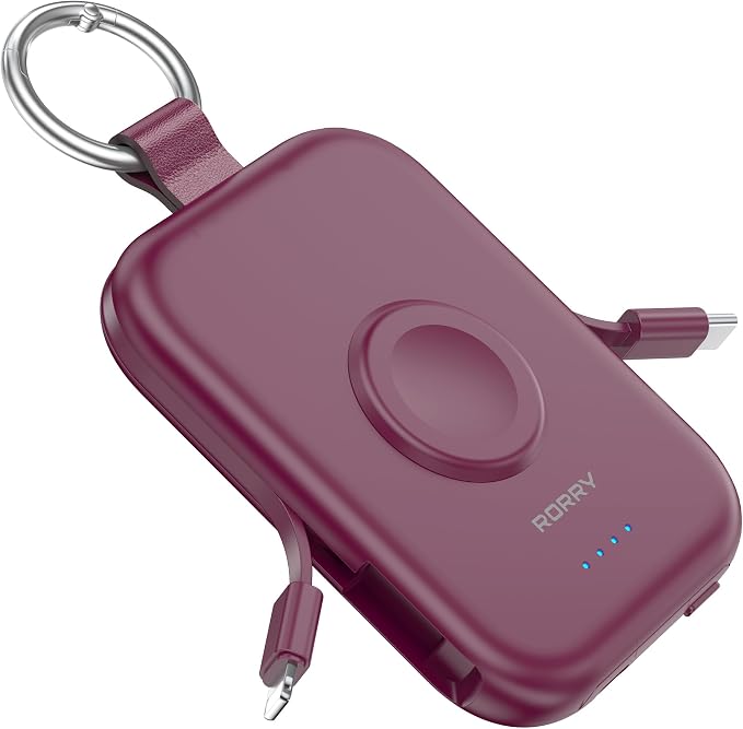 RORRY CharmGo Portable Charger, 5000mAh Portable Charger Power Bank | Built-in Cables,Travel Keychain Battery Pack Essentions for Apple Watch 1~11 Series/Ultra/SE & iPhone Air/17/16/15/14/13/12 by RORRY