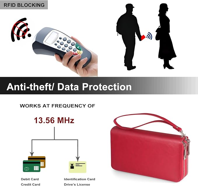 Women’s Wallet for Cell Phone Anti Theft Wristlet Bag with Strap RFID Blocking Double Zipper, Red - Image 5