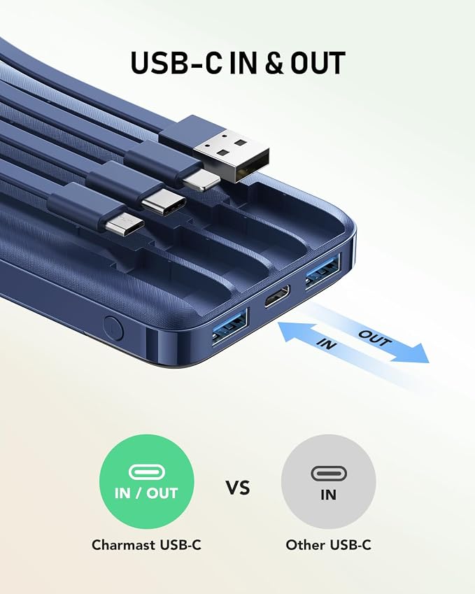 charmast Portable Charger Built-in Cables, 10000mAh Slim Power Bank Pocket | 22.5W Fast Charging Battery Pack for iPhone 17/16/15 Samsung Android, Flight-Approved, Multi-Device, USB-C, Daily Commute - Image 5