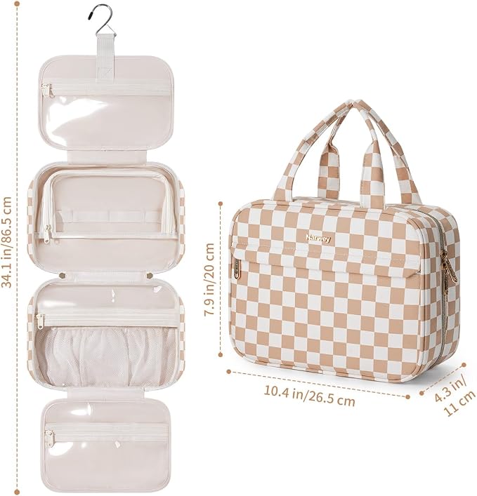 Narwey Hanging Toiletry Bag for Women Checkered Travel Makeup Bag Organizer Cosmetic Make up Toiletries Bag for Travel Essentials Accessories (Light Brown Checkerboard, Medium) - Image 5