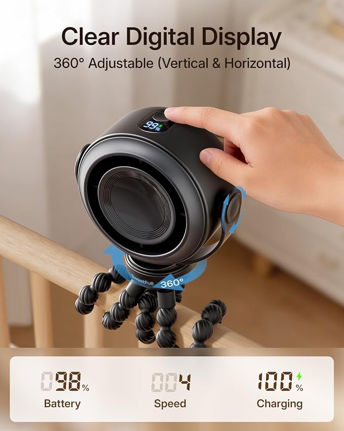 SWEETFULL Portable Stroller Fan, Pinch-Proof Baby Fan - Black | Wide Turbine Airflow; Safe Design; LED Display; 5-Speed; 30dB Quiet; USB-C Rechargeable; Mini Clip On Fan for Car Seat & Bed - Image 5