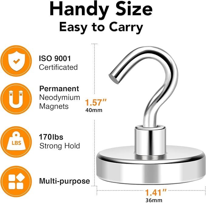 Magnetic Hooks, Cruise Essentials 170Lbs Strong Magnet Hook, Silver | Cruise Essentials Neodymium Heavy Duty Magnets with Hooks for Hanging Magnetic Hanger for Fridge Toolbox Storage, 4 Pack - Image 3