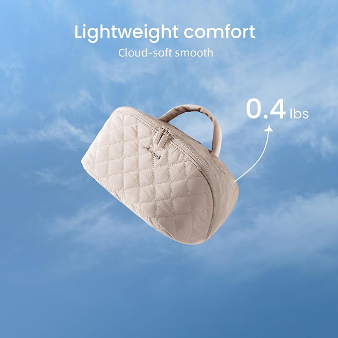 LOVEVOOK Travel Makeup Bag for Women, 2Pcs Puffer Waterproof Cosmetic Organizer, Large Capacity Pouch Open Flat Small Toiletry Bag with Brush Compartment & Handle (Light khaki, Medium) - Image 6