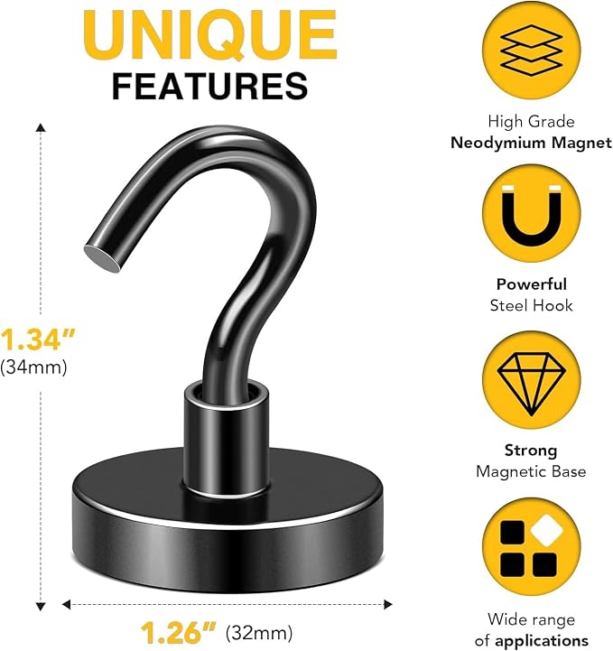 DIYMAG Magnetic Hooks 8pcs 120lbs Cruise Essentials 2026 Magnet Hook Black | Neodymium Heavy Duty Strong Magnets Hanging Ship Cabins Refrigerator Fridge Classroom Beach Vacation Kitchen Grills Home Tool - Image 2