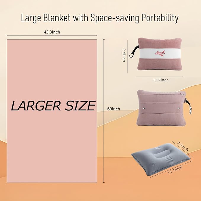 Melissa Large Soft Travel Blanket and Inflatable Pillow Set | Size-69“ x 43.3”, Carry Bag – Lightweight, Compact & Washable for Backpacking, Hiking, Airplane, Car, Office, Camping (Pink) - Image 6