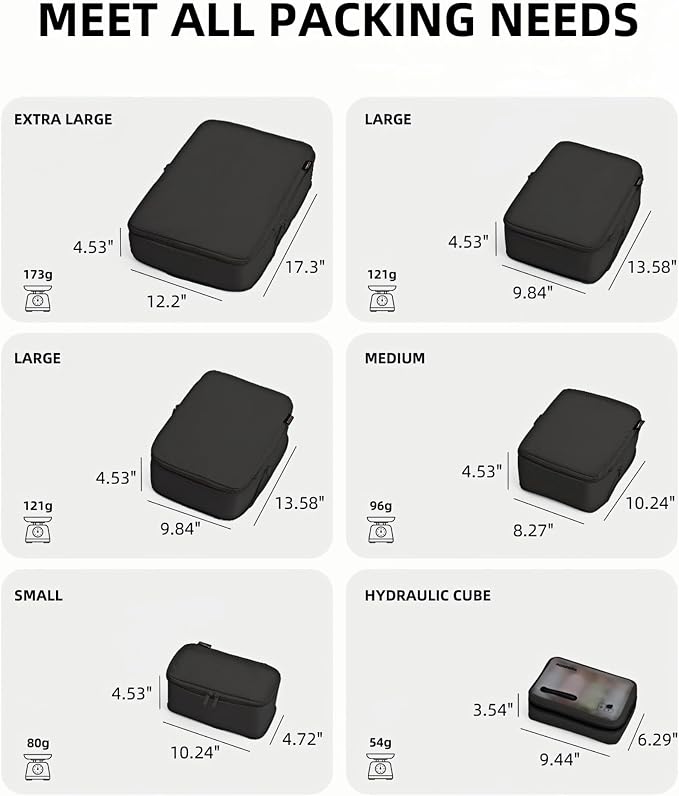 6 Set Compression Packing Cubes for 7–14 Day Travel, Jet Black | Nylon Oxford Fabric, Full Breathable Mesh, Reinforced Double-Zipper, Small to Large Size Bag, Expandable Packing System - Image 8