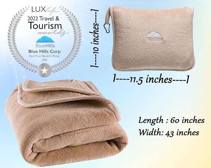 BlueHills Travel Blanket Pillows for Two Airplane Traveling Essentials Flight Throws in Bag case with Backpack Clip Compact Large Plane Accessories – Beige and Grayish Blue - Image 4
