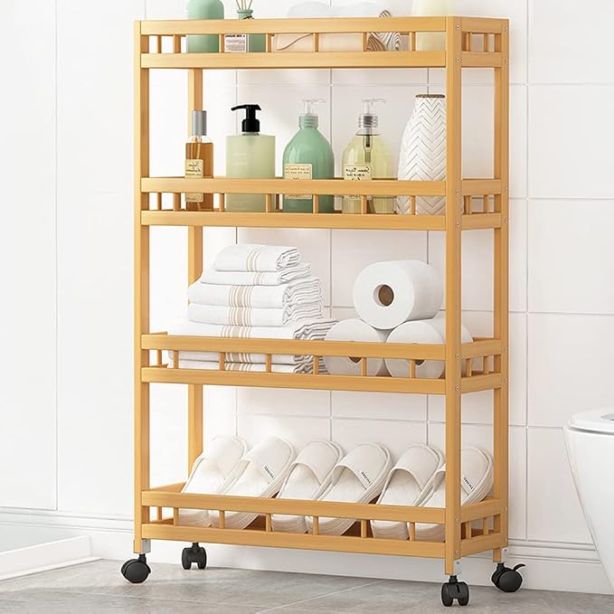 4-Tier Bamboo Utility Kitchen Rolling Cart Trolley Island Storage Shelf | (23.6" L X 7.1" W X 37.8" H) Wood Removable Multi-Layer Rack on Wheels - Image 6