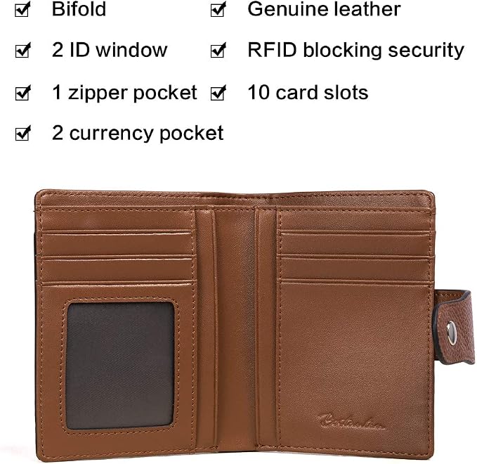 BOSTANTEN Leather Womens Wallet Small RFID Blocking Credit Card Holder | Removable ID Window, Zipper Coin Pocket, Bifold, Minimalist, Fits Small Purses, Daily Use, Ladies Gifts, Brown - Image 5