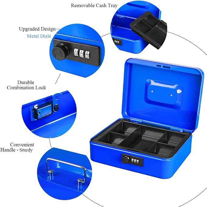 Jssmst Large Cash Box with Combination Lock – Durable Metal Cash Box with Money Tray Blue(9.8 x 7.9 x 3.5), SM-CB07002L - Image 3