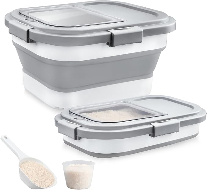 Rice Storage Container, Collapsible Airtight Food Storage Containers 6-20 Lbs, Rice Dispenser Bin with Cup and Scoop for Flour Cereal Pasta Grain, Cat Bird Pet Dog Food Storage Container by Komzon