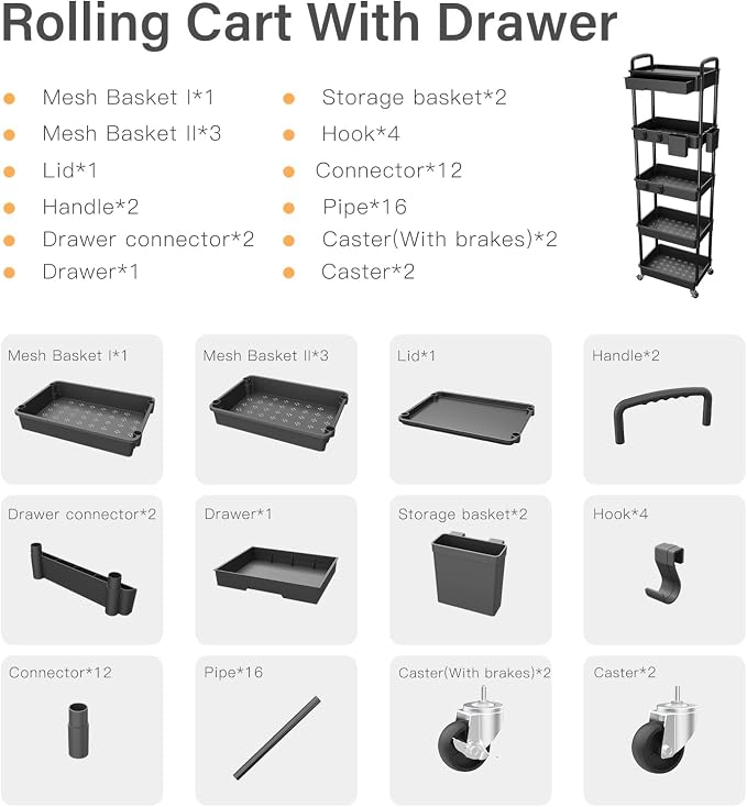 5 Tier Rolling Utility Cart with Drawer,REBECAT Utility Cart Made of Multifunctional Storage Organizer Tool for Kitchen,Bathroom,Living Room,Office(Black) - Image 4