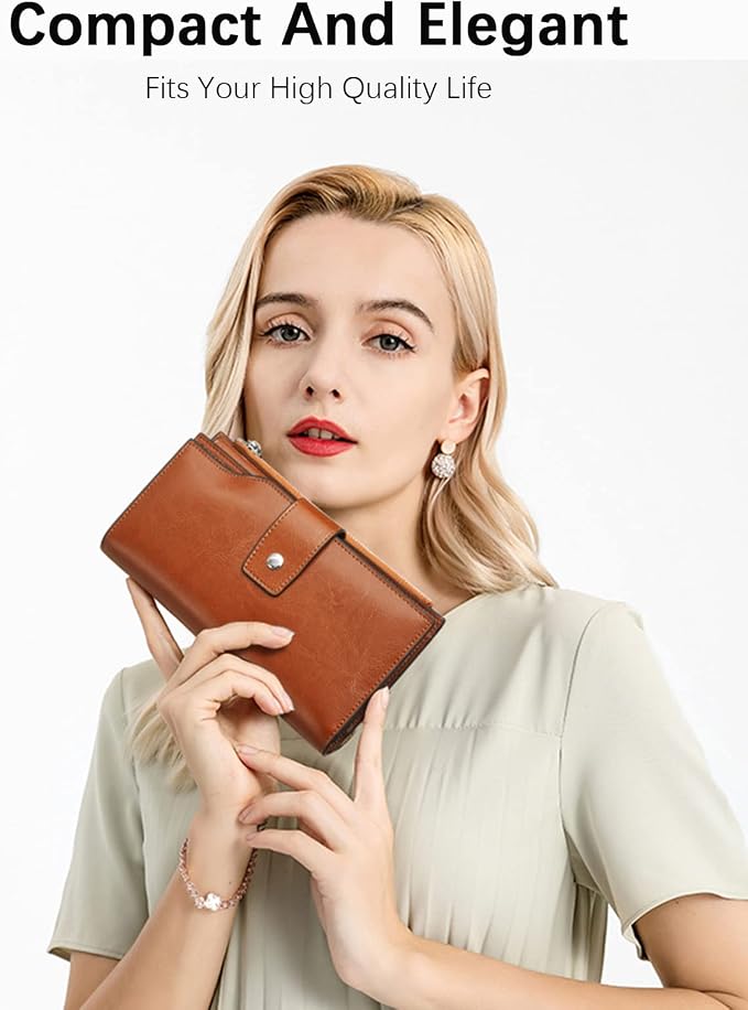 BOSTANTEN Womens Leather Wallet RFID Large Capacity Credit Card Holder | 20 Card Slots, Phone Holder, Zipper Coin Pocket, Clutch Wallet, Long Bifold, Ladies Gifts, Brown Orange - Image 4