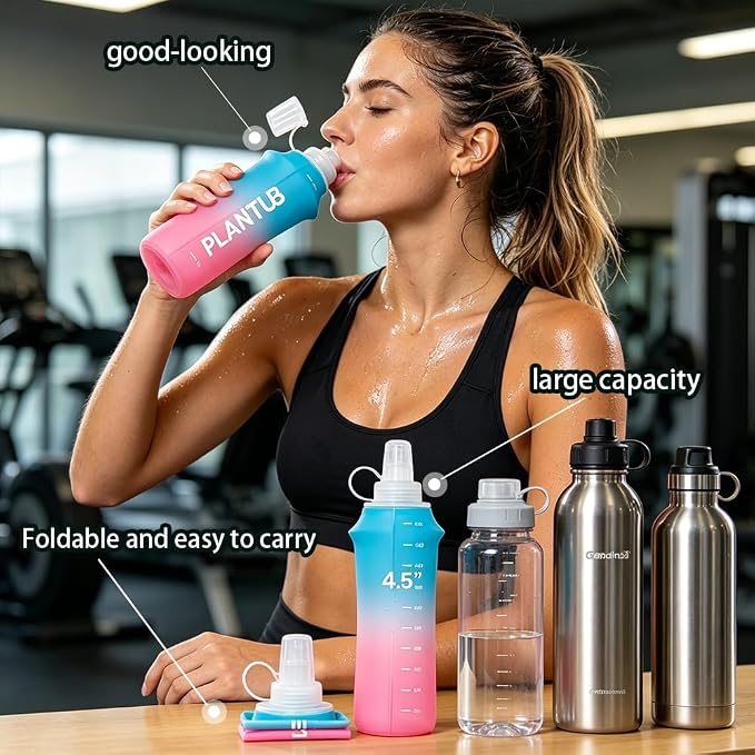 Soft Foldable Water Bottle, TPU, Collapsible Flask for Outdoor Sports, Without stand up ability, Gradient Blue and Pink, Yellow Green - Image 2