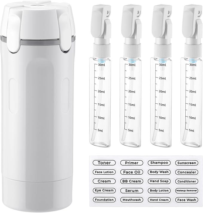 4 in 1 Travel Dispenser with 4 Pack 30ml Travel Bottles and Label Refillable & Leak Proof Portable Toiletry Containers with Locks for Shampoo Lotion Conditioner Cream (White) by Domensi