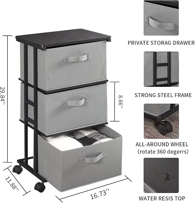 MAX Houser Dresser Tower with 3 Drawers, Grey | Fabric Storage Organizer Unit, Chest of Drawers with with WoodTop, Small Vertical Storage for Guest Room, Closet, Entryway - Image 3