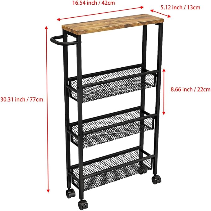 Slim Rolling Cart 4 Tier Narrow Storage Cart on Wheels with Handle | Lockable Wheels, Wood Top Panel, Metal Frame Utility Carts for Kitchen, Dining, Living, Home Office, Laundry Room - Image 7