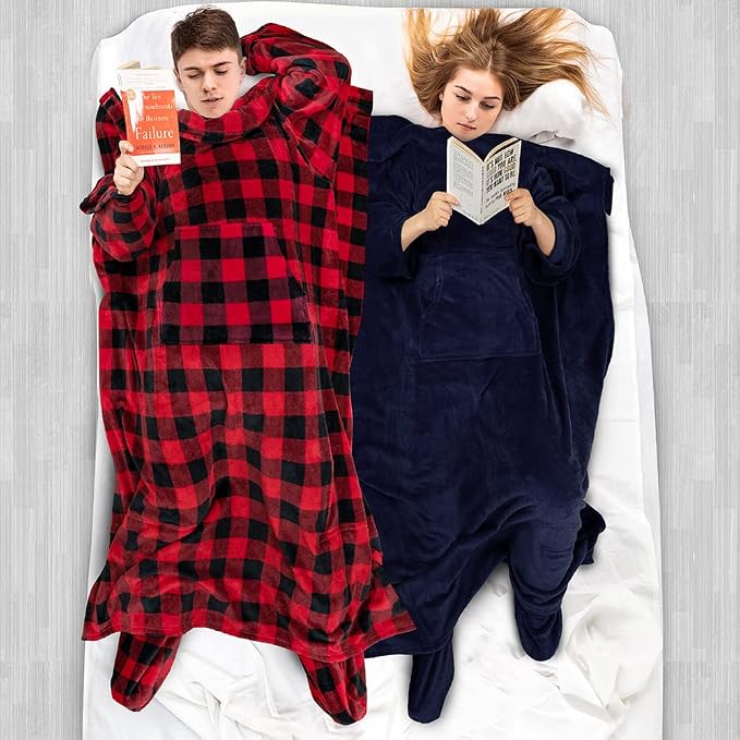 PAVILIA Fleece Blanket with Sleeves, Foot Pockets for Women Men Adults, Plush Wearable Blanket Throw Wrap, Warm Snuggle Blanket Robe, Cozy Gift Ideas Wife Mom, Navy Blue - Image 5