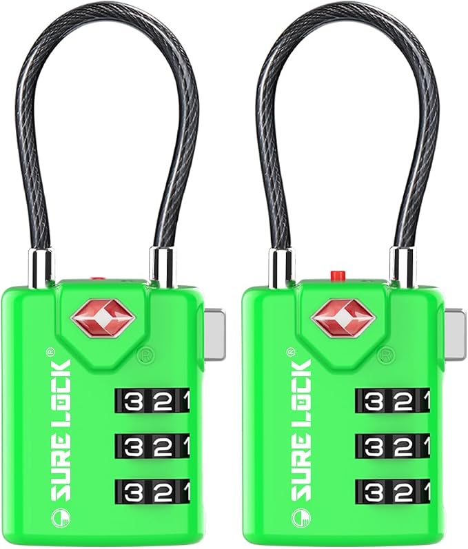 SURE LOCK TSA Approved Luggage Locks with Open Alert Indicator, 3 Digit Combination Cable Travel Lock for Suitcase, Backpack, Gym Locker, Toolbox & Travel Bag（Green 2 Pack by Hopeyoucanstaysafe