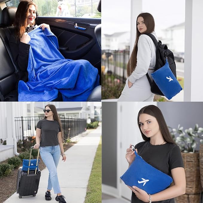 BlueHills Soft Travel Blankets Mini Value Pack Set of 2 - Premium Airplane Travel Essential Flight Blanket Throw in a case with Strap Compact for Car Plane Travel Gift – Pink and Royal Blue. - Image 9