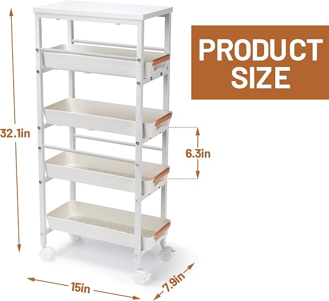 Slim Storage Cart, 5-Tier Narrow Rolling Kitchen Laundry Room Cart with Drawer and Wheels, Metal Utility Cart Slide Out Organizer for Small Spaces (White) - Image 7