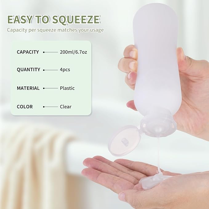 Empty Shampoo Bottles 6.7oz, Clear Flip Cap Refillable Plastic, 4 Pack Set | Toiletry containers for conditioner, big large size squeeze bottles, body wash lotion dispenser, toiletries leakproof liquid - Image 2
