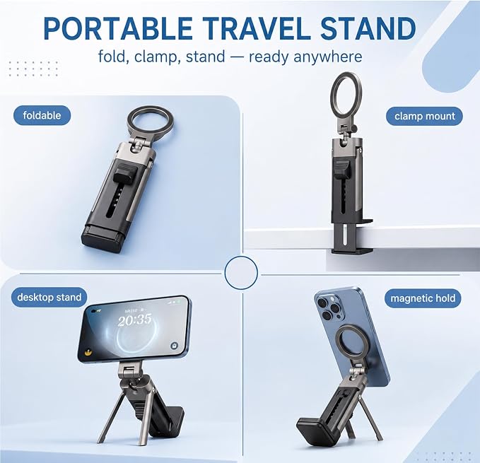 Travel Phone Holder 360 Magnetic Stand | For Airplane Desk Office Gym, Foldable Metal Stand with 40 N55 Magnets, Military Grade Dual Spring Clamp for Turbulence - Image 2